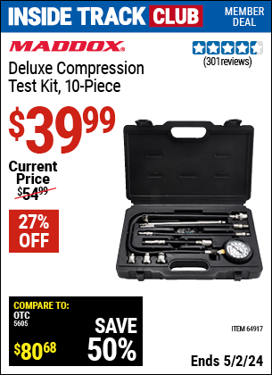 Inside Track Club members can buy the MADDOX Deluxe Compression Test Kit 24 Pc. (Item 64917) for $39.99, valid through 5/2/2024.