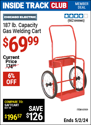 Inside Track Club members can buy the CHICAGO ELECTRIC Gas Welding Cart (Item 65939) for $69.99, valid through 5/2/2024.