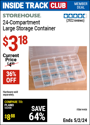 Inside Track Club members can buy the STOREHOUSE 24 Compartment Large Storage Container (Item 94458) for $3.18, valid through 5/2/2024.