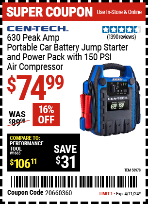 Buy the CEN-TECH 630 Peak Amp Portable Jump Starter and Power Pack with 150 PSI Air Compressor (Item 58978) for $74.99, valid through 4/11/2024.