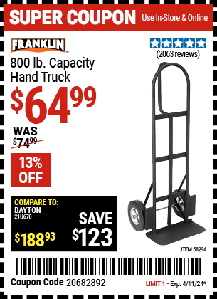 Buy the FRANKLIN 800 lb. Capacity Hand Truck (Item 58294) for $64.99, valid through 4/11/2024.