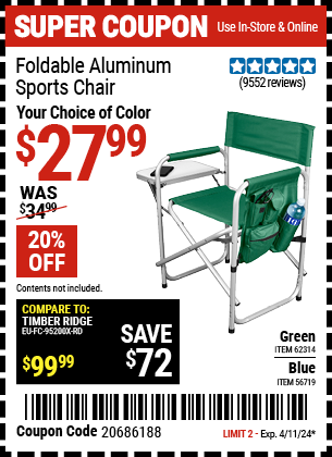 Buy the Foldable Aluminum Sports Chair (Item 56719/62314) for $27.99, valid through 4/11/2024.