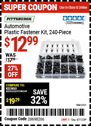 Buy the PITTSBURGH Automotive Plastic Fastener Kit, 240 Pc. (Item 57671) for $12.99, valid through 4/11/2024.