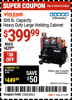 Buy the VULCAN Heavy Duty Large Welding Cabinet (Item 63179) for $399.99, valid through 4/11/2024.