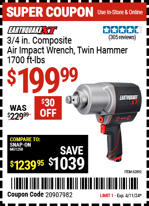 Buy the EARTHQUAKE XT 3/4 in. Composite Xtreme Torque Air Impact Wrench (Item 62892) for $199.99, valid through 4/11/2024.