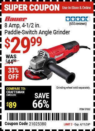 Buy the BAUER Corded 4-1/2 in. 8 Amp Paddle Switch Angle Grinder With Tool-Free Guard (Item 57002) for $29.99, valid through 4/11/2024.