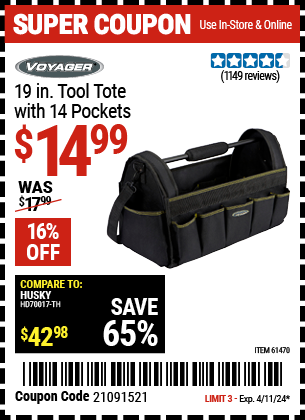 Buy the VOYAGER 19 in. Tool Tote with 14 Pockets (Item 61470) for $14.99, valid through 4/11/2024.