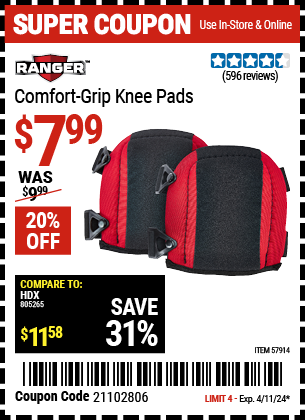 Buy the RANGER Comfort Grip Knee Pads (Item 57914) for $7.99, valid through 4/11/2024.