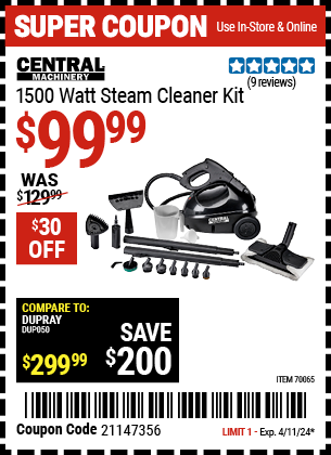 Buy the CENTRAL MACHINERY 1500 Watt Steam Cleaner Kit (Item 70065) for $99.99, valid through 4/11/2024.