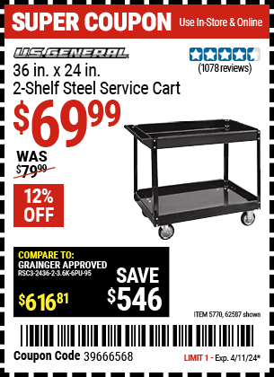 Buy the 24 in. x 36 in. Two Shelf Steel Service Cart (Item 62587/5770) for $69.99, valid through 4/11/2024.