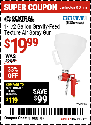 Buy the CENTRAL PNEUMATIC 1-1/2 Gallon Gravity Feed Texture Air Spray Gun (Item 66103) for $19.99, valid through 4/11/2024.