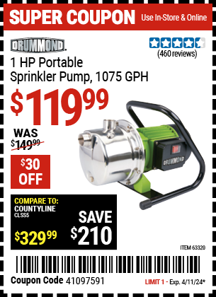Buy the DRUMMOND 1 HP Portable Sprinkling Pump 1075 GPH (Item 63320) for $119.99, valid through 4/11/2024.