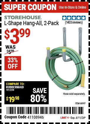 Buy the STOREHOUSE L-Shape Hang-All 2 Pk. (Item 68997) for $3.99, valid through 4/11/2024.