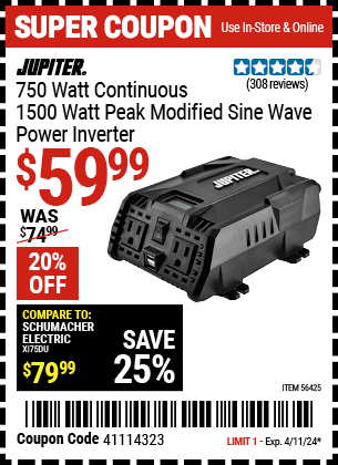 Buy the JUPITER 750 Watt Continuous/1500 Watt Peak Modified Sine Wave Power Inverter (Item 56425) for $59.99, valid through 4/11/2024.