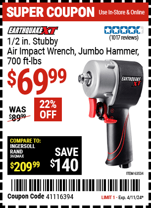 Buy the EARTHQUAKE XT 1/2 in. Ultra Compact Xtreme Torque Stubby Air Impact Wrench (Item 63534) for $69.99, valid through 4/11/2024.