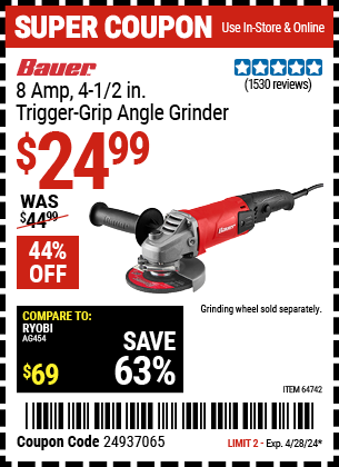 Buy the BAUER Corded 4-1/2 in. 8 Amp Heavy Duty Trigger Grip Angle Grinder with Tool-Free Guard (Item 64742) for $24.99, valid through 4/28/2024.