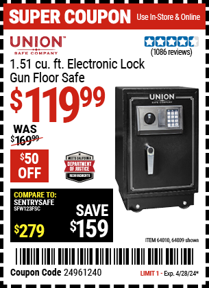 Buy the UNION SAFE COMPANY 1.51 cu. ft. Electronic Lock Gun Floor Safe (Item 64009/64010) for $119.99, valid through 4/28/2024.