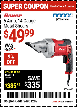 Buy the BAUER 14 gauge 5 Amp Heavy Duty Metal Shears (Item 64609) for $49.99, valid through 4/28/2024.