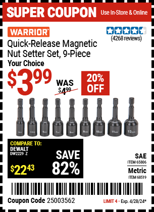 Buy the WARRIOR SAE Quick Release Magnetic Nutsetter Set 9 Pc. (Item 65806/68519) for $3.99, valid through 4/28/2024.