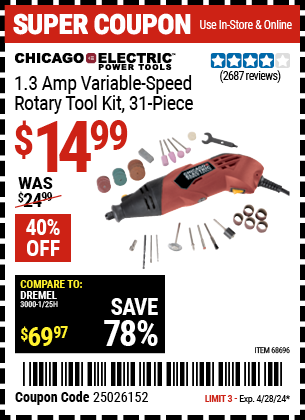 Buy the CHICAGO ELECTRIC Heavy Duty Variable Speed Rotary Tool Kit 31 Pc. (Item 68696) for $14.99, valid through 4/28/2024.