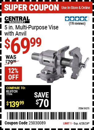 Buy the CENTRAL MACHINERY 5 in. Multi-Purpose Vise with Anvil (Item 59275) for $69.99, valid through 4/28/2024.