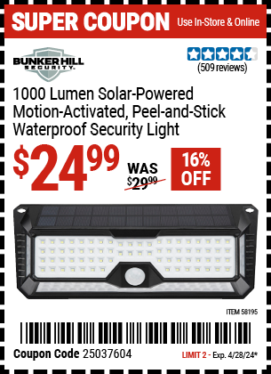 Buy the BUNKER HILL SECURITY 1000 Lumen Wall Mount Peel-And-Stick Security Light (Item 58195) for $24.99, valid through 4/28/2024.