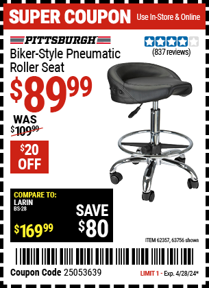 Buy the PITTSBURGH AUTOMOTIVE Biker-Style Pneumatic Roller Seat (Item 63756/62357) for $89.99, valid through 4/28/2024.