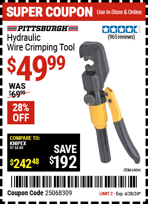 Buy the CENTRAL HYDRAULICS Hydraulic Wire Crimping Tool (Item 66150) for $49.99, valid through 4/28/2024.