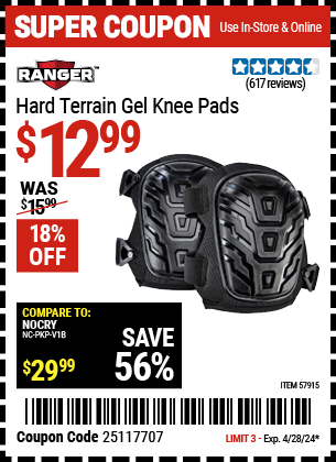 Buy the RANGER Hard Terrain Gel Knee Pads (Item 57915) for $12.99, valid through 4/28/2024.