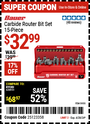 Buy the BAUER Carbide Router Bit Set, 15-Piece (Item 59555) for $32.99, valid through 4/28/2024.