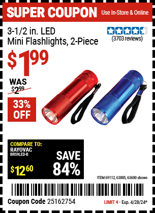 Buy the 2 Piece 3-1/2 in. LED Mini Flashlight (Item 63600/69112/63885) for $1.99, valid through 4/28/2024.