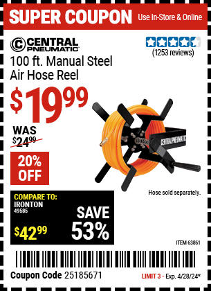 Buy the CENTRAL PNEUMATIC 100 ft. Manual Steel Air Hose Reel (Item 63861) for $19.99, valid through 4/28/2024.