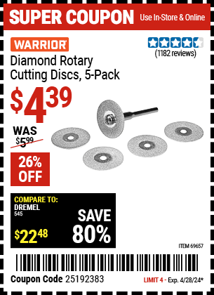 Buy the WARRIOR Diamond Rotary Cutting Discs 5 Pk. (Item 69657) for $4.39, valid through 4/28/2024.