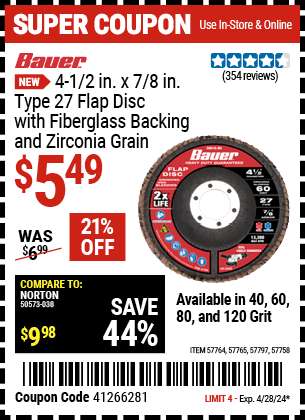 Buy the BAUER 4-1/2 in. 120 Grit Zirconia Type 27 Flap Disc (Item 57758/57764/57765/57797/96479/56891/56756) for $5.49, valid through 4/28/2024.