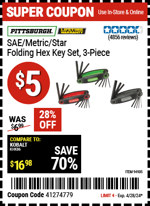 Buy the PITTSBURGH SAE/Metric/Star Folding Hex Key Set, 3-Piece (Item 94905/61921) for $5, valid through 4/28/2024.