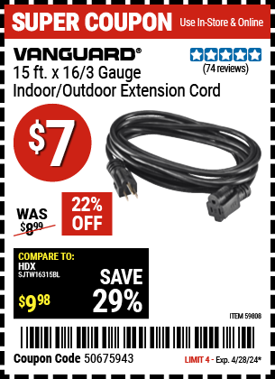Buy the VANGUARD 15 ft. x 16/3 Gauge Indoor/Outdoor Extension Cord, Black (Item 59808) for $7, valid through 4/28/2024.
