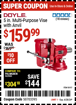 Buy the DOYLE 5 in. Multi-Purpose Vise with Anvil (Item 58157) for $159.99, valid through 4/28/2024.