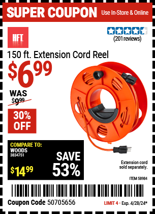 Buy the HFT 150 Ft. Extension Cord Reel (Item 58984) for $6.99, valid through 4/28/2024.