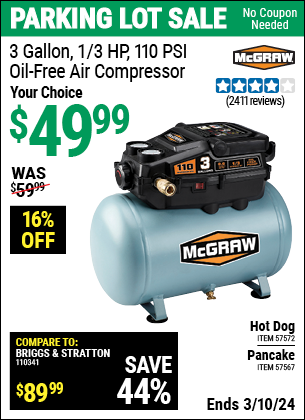 Inside Track Club members can buy the MCGRAW 3 Gallon 1/3 HP 110 PSI Oil-Free Air Compressor (Item 57572/57567) for $49.99, valid through 3/7/2024.