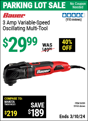 Inside Track Club members can buy the BAUER 3 Amp Variable Speed Oscillating Multi-Tool (Item 59163/56509) for $29.99, valid through 3/7/2024.