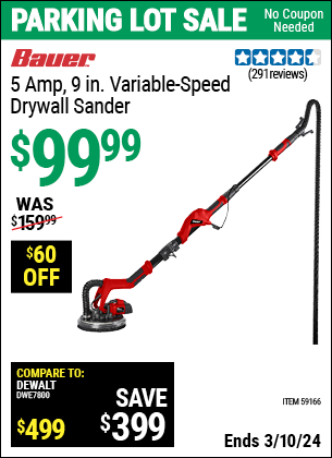 Inside Track Club members can buy the BAUER 5 Amp 9 in. Variable Speed Drywall Sander (Item 59166) for $99.99, valid through 3/7/2024.