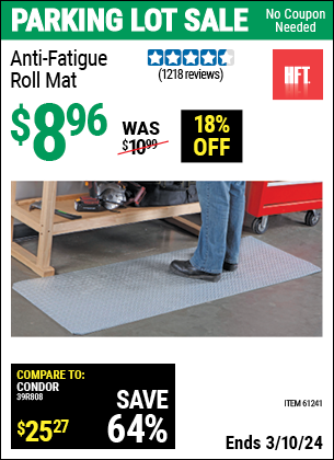 Buy the HFT Anti-Fatigue Roll Mat (Item 61241) for $8.96, valid through 3/10/2024.