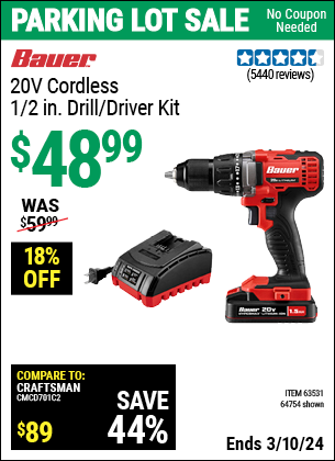 Inside Track Club members can buy the BAUER 20V Lithium 1/2 in. Drill/Driver Kit (Item 64754/63531) for $48.99, valid through 3/7/2024.