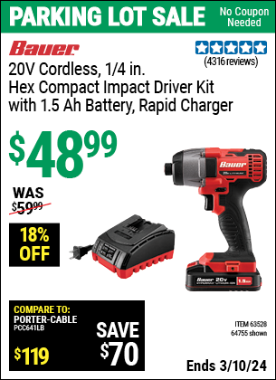 Inside Track Club members can buy the BAUER 20V Cordless, 1/4 in. Hex Compact Impact Driver Kit with 1.5 Ah Battery, Rapid Charger, and Bag (Item 64755/63528) for $48.99, valid through 3/7/2024.
