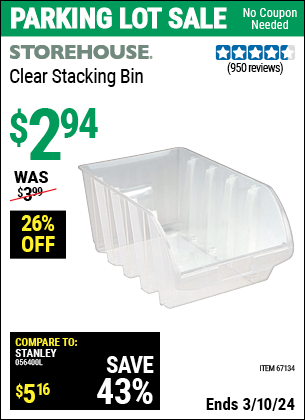 Inside Track Club members can buy the STOREHOUSE Clear Stacking Bin (Item 67134/62806) for $2.94, valid through 3/7/2024.