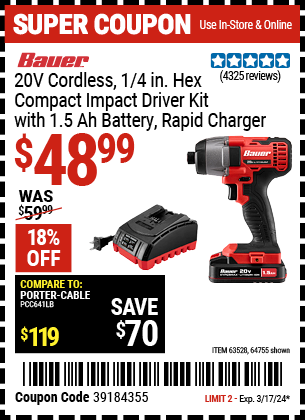 BAUER 20V Lithium 1/2 in. Drill/Driver Kit for $54.99 – Harbor Freight  Coupons