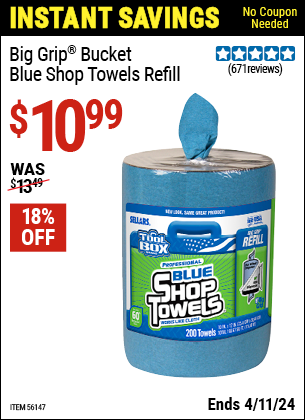 Buy the TOOLBOX TOOLBOX Big Grip Bucket Blue Shop Towels Refill (Item 56147) for $10.99, valid through 4/11/2024.