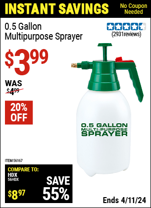 Buy the 0.5 Gallon Multi-Purpose Sprayer (Item 56167) for $3.99, valid through 4/11/2024.