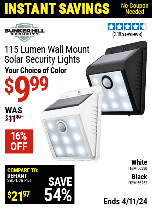 Buy the BUNKER HILL SECURITY Wall Mount Security Light, Black (Item 56252/56330) for $9.99, valid through 4/11/2024.
