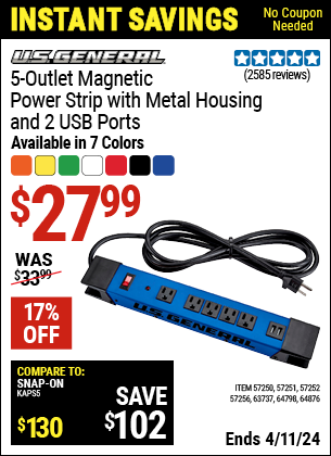 Buy the U.S. GENERAL 5 Outlet Magnetic Power Strip with Metal Housing and 2 USB Ports, Orange (Item 57250/57251/57252/57256/63737/64798/64876) for $27.99, valid through 4/11/2024.